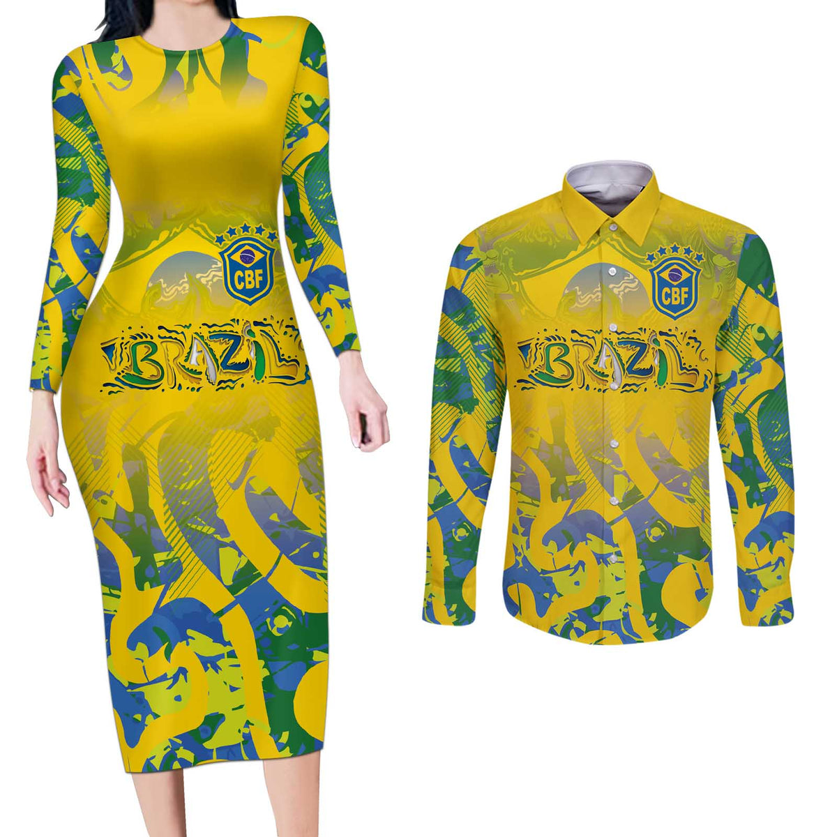 Custom Brazil Football Champion 2024 Couples Matching Long Sleeve Bodycon Dress and Long Sleeve Button Shirt - Wonder Print Shop