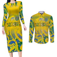 Custom Brazil Football Champion 2024 Couples Matching Long Sleeve Bodycon Dress and Long Sleeve Button Shirt - Wonder Print Shop