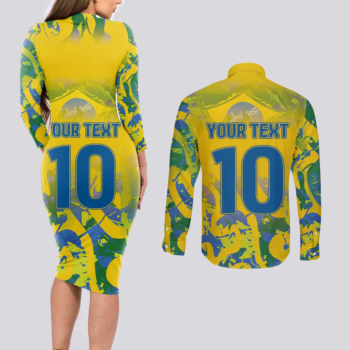 Custom Brazil Football Champion 2024 Couples Matching Long Sleeve Bodycon Dress and Long Sleeve Button Shirt - Wonder Print Shop