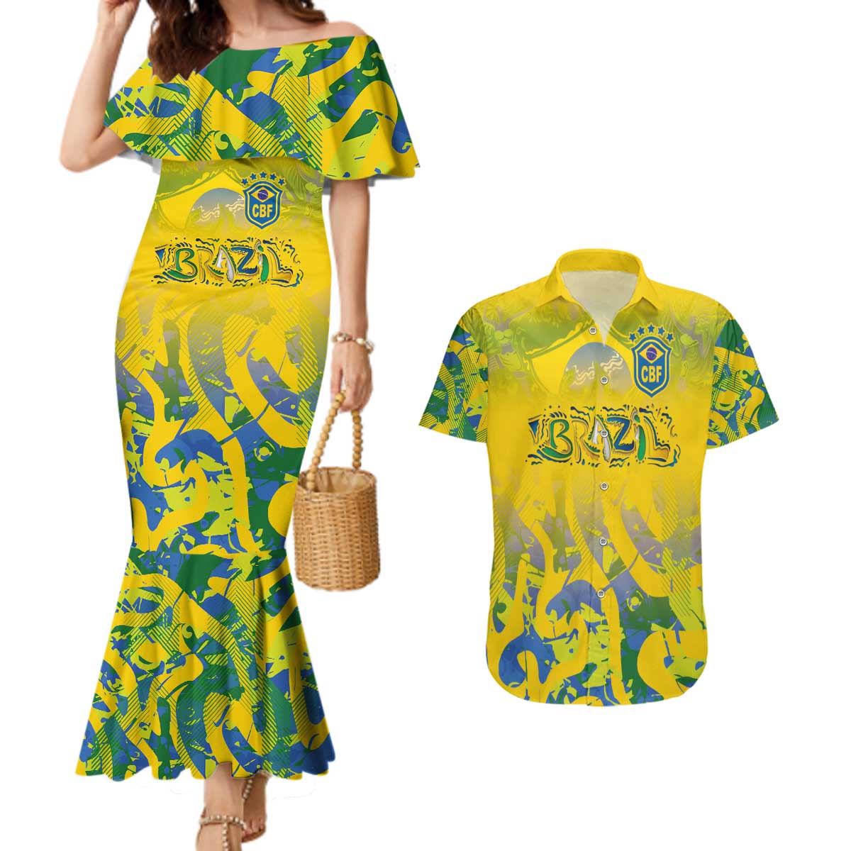 Custom Brazil Football Champion 2024 Couples Matching Mermaid Dress and Hawaiian Shirt - Wonder Print Shop