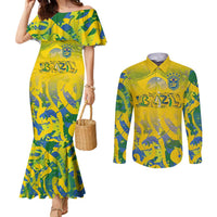 Custom Brazil Football Champion 2024 Couples Matching Mermaid Dress and Long Sleeve Button Shirt