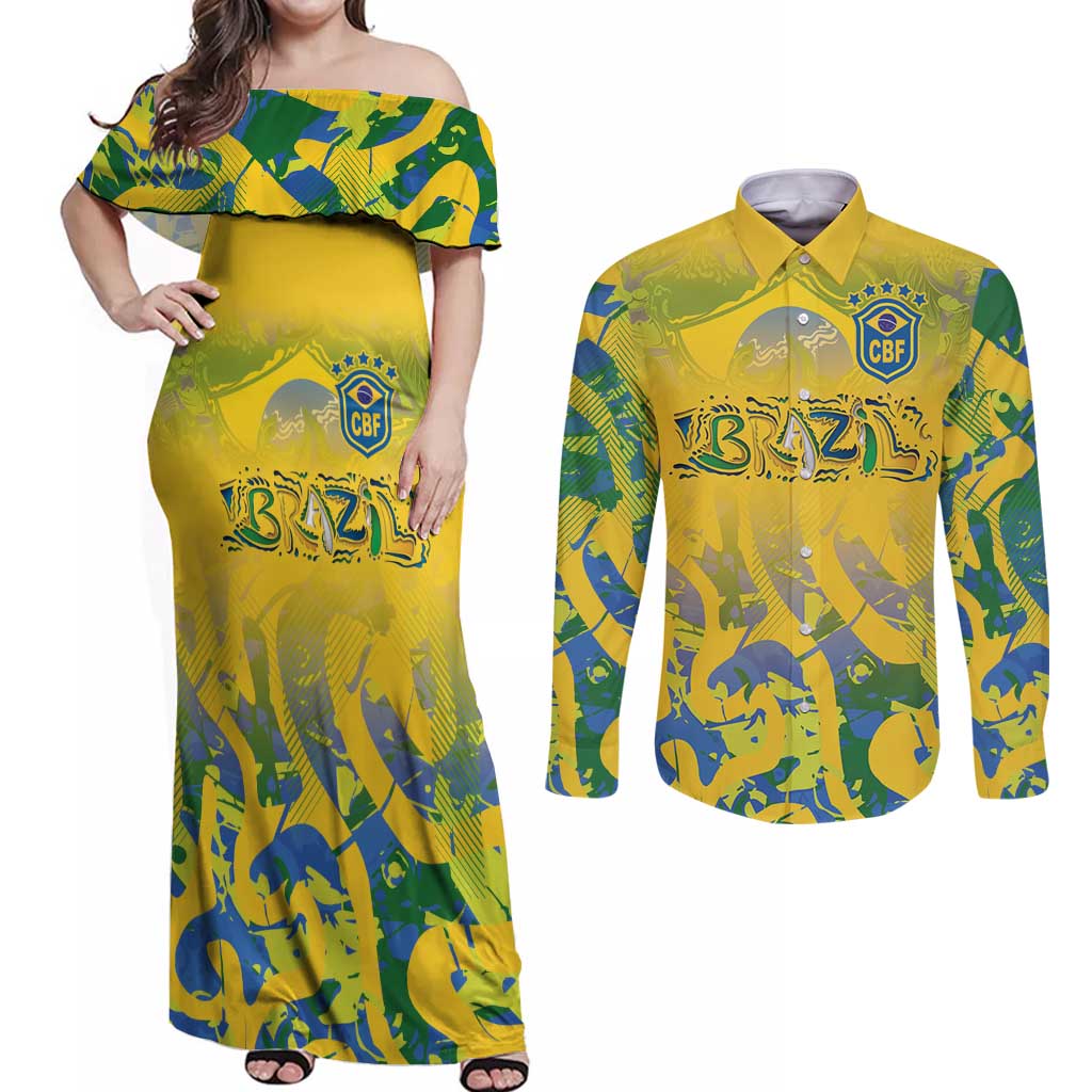 Custom Brazil Football Champion 2024 Couples Matching Off Shoulder Maxi Dress and Long Sleeve Button Shirt - Wonder Print Shop