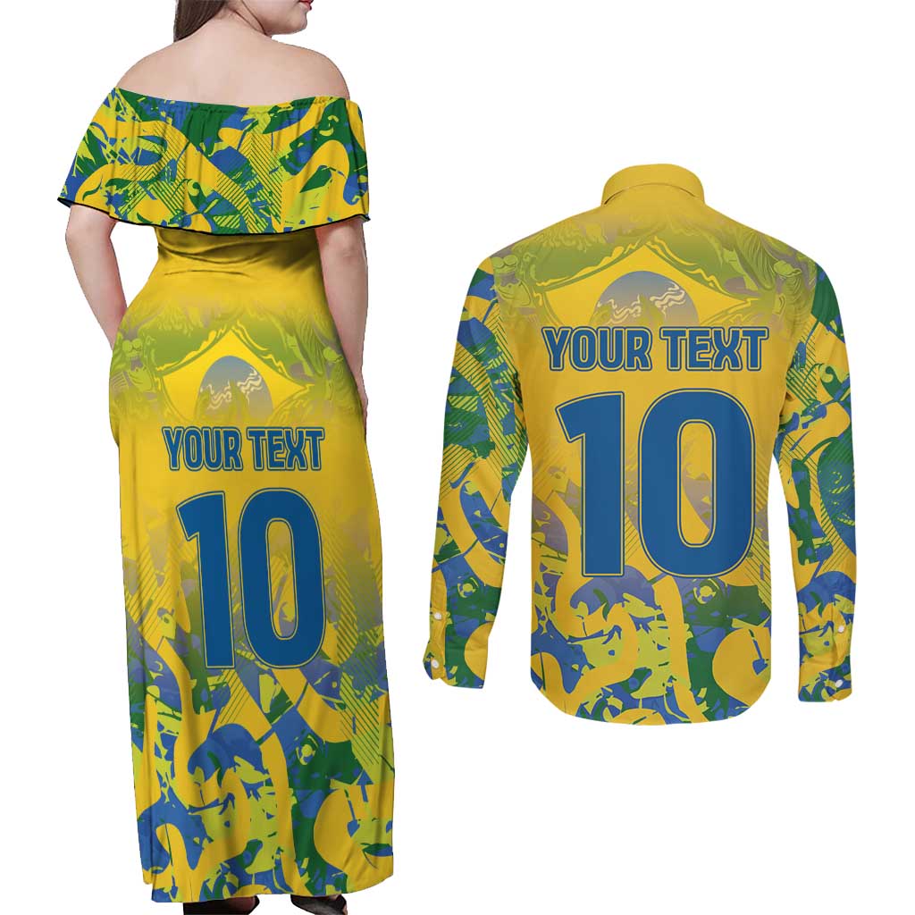 Custom Brazil Football Champion 2024 Couples Matching Off Shoulder Maxi Dress and Long Sleeve Button Shirt - Wonder Print Shop