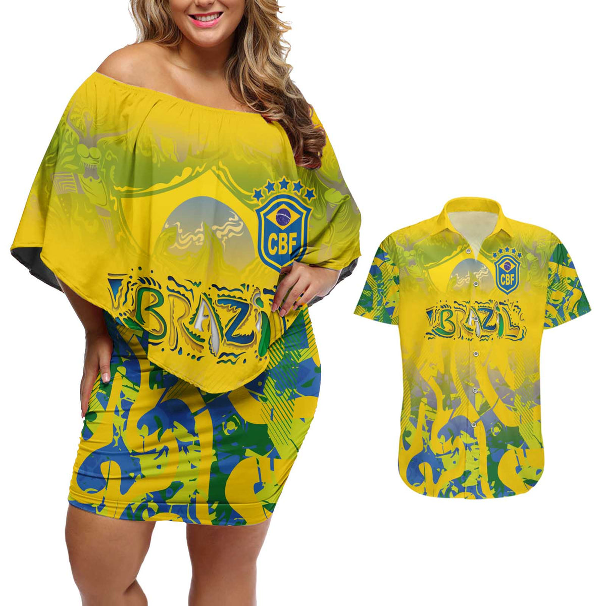 Custom Brazil Football Champion 2024 Couples Matching Off Shoulder Short Dress and Hawaiian Shirt - Wonder Print Shop