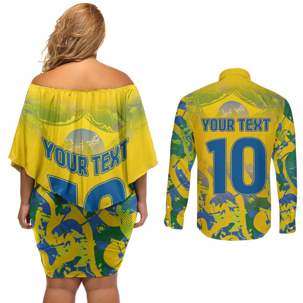 Custom Brazil Football Champion 2024 Couples Matching Off Shoulder Short Dress and Long Sleeve Button Shirt - Wonder Print Shop