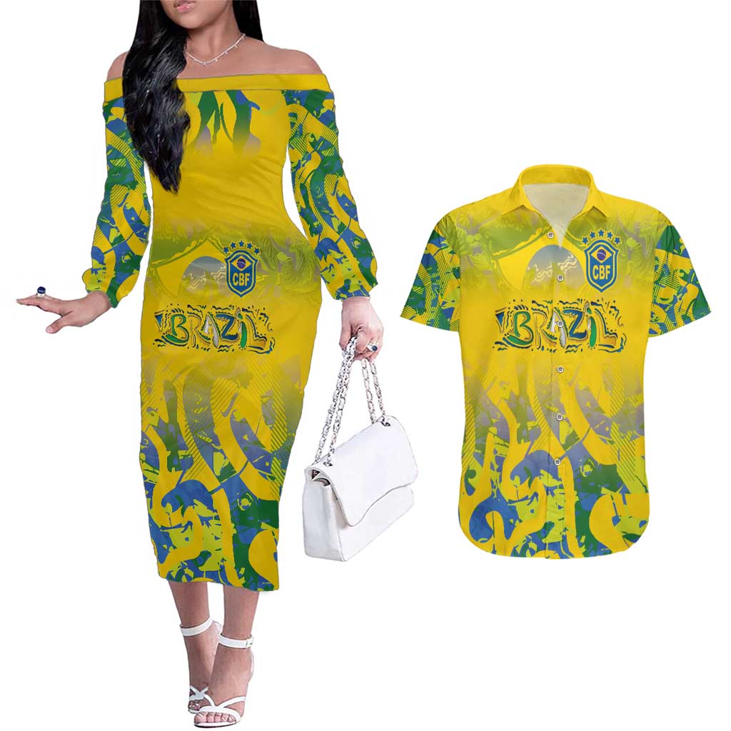Custom Brazil Football Champion 2024 Couples Matching Off The Shoulder Long Sleeve Dress and Hawaiian Shirt - Wonder Print Shop