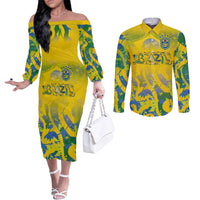 Custom Brazil Football Champion 2024 Couples Matching Off The Shoulder Long Sleeve Dress and Long Sleeve Button Shirt