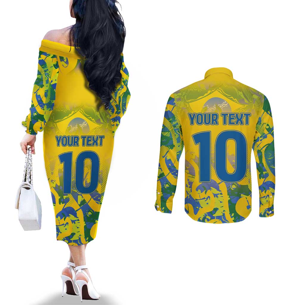 Custom Brazil Football Champion 2024 Couples Matching Off The Shoulder Long Sleeve Dress and Long Sleeve Button Shirt