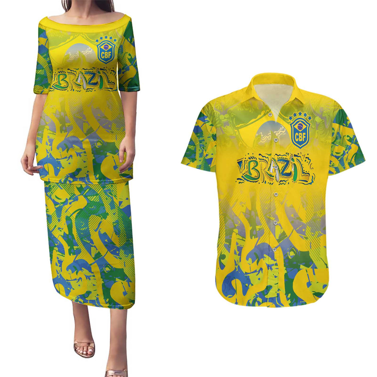 Custom Brazil Football Champion 2024 Couples Matching Puletasi and Hawaiian Shirt - Wonder Print Shop