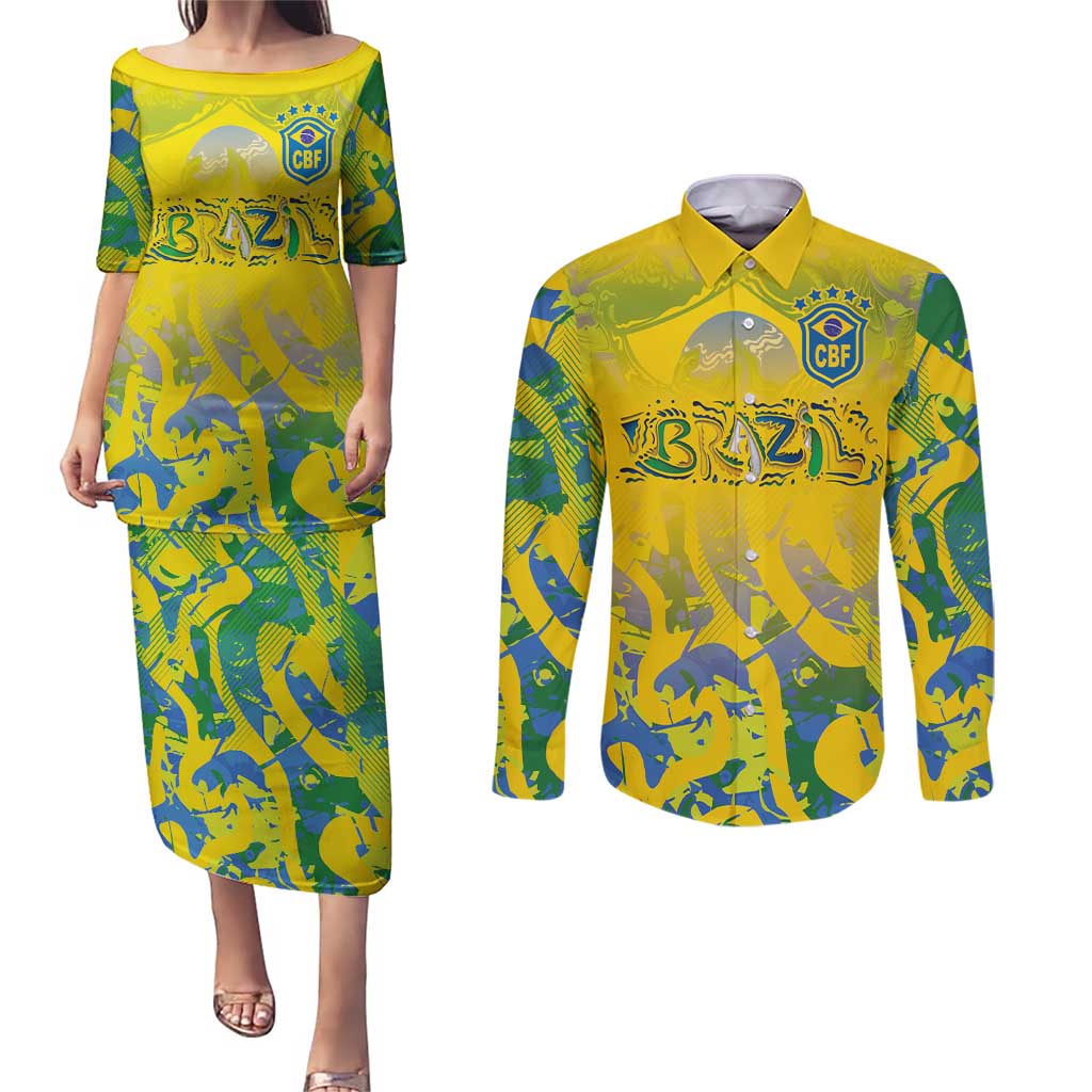 Custom Brazil Football Champion 2024 Couples Matching Puletasi and Long Sleeve Button Shirt - Wonder Print Shop