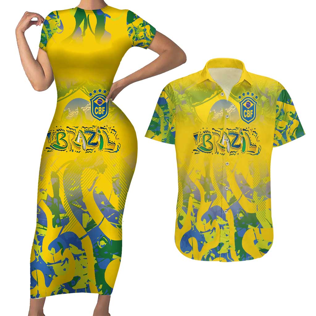 Custom Brazil Football Champion 2024 Couples Matching Short Sleeve Bodycon Dress and Hawaiian Shirt - Wonder Print Shop