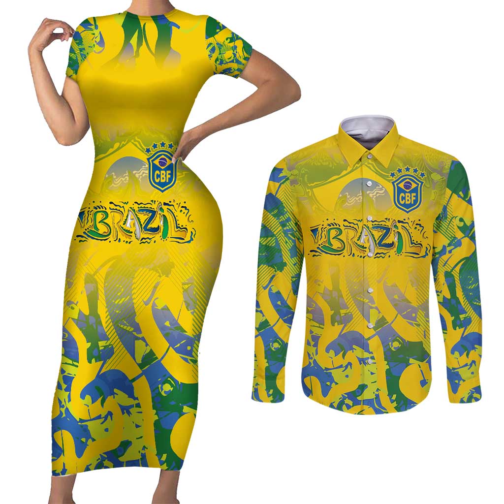 Custom Brazil Football Champion 2024 Couples Matching Short Sleeve Bodycon Dress and Long Sleeve Button Shirt - Wonder Print Shop