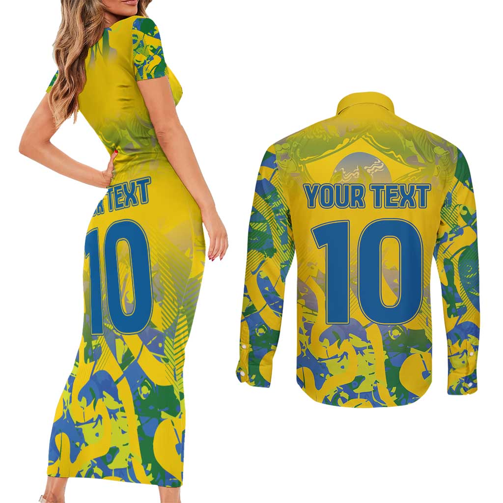 Custom Brazil Football Champion 2024 Couples Matching Short Sleeve Bodycon Dress and Long Sleeve Button Shirt - Wonder Print Shop