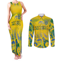 Custom Brazil Football Champion 2024 Couples Matching Tank Maxi Dress and Long Sleeve Button Shirt - Wonder Print Shop