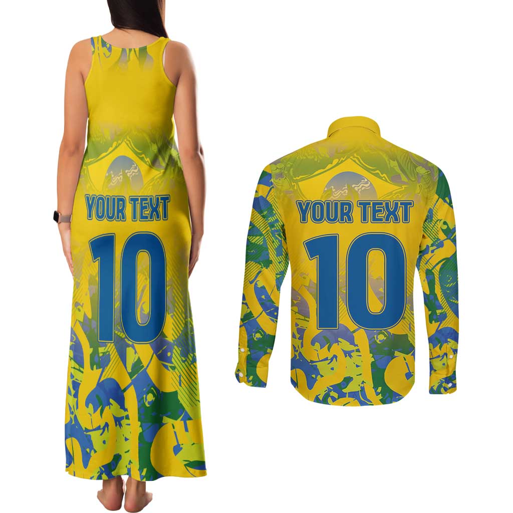 Custom Brazil Football Champion 2024 Couples Matching Tank Maxi Dress and Long Sleeve Button Shirt - Wonder Print Shop
