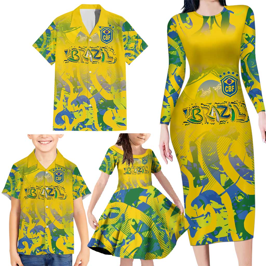 Custom Brazil Football Champion 2024 Family Matching Long Sleeve Bodycon Dress and Hawaiian Shirt - Wonder Print Shop