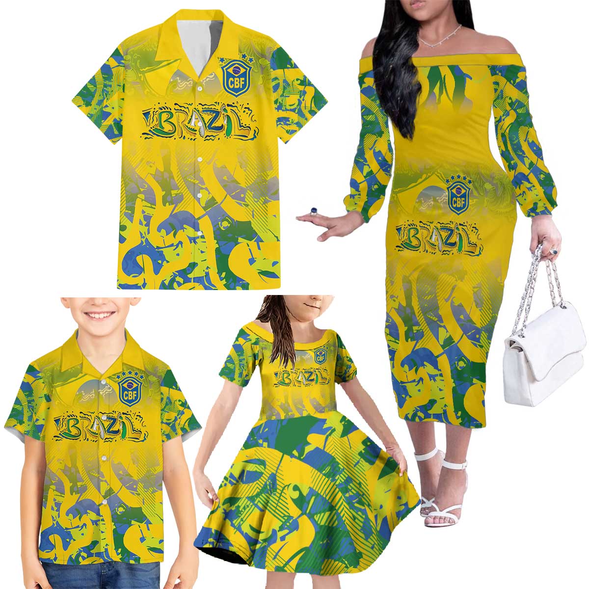 Custom Brazil Football Champion 2024 Family Matching Off The Shoulder Long Sleeve Dress and Hawaiian Shirt - Wonder Print Shop