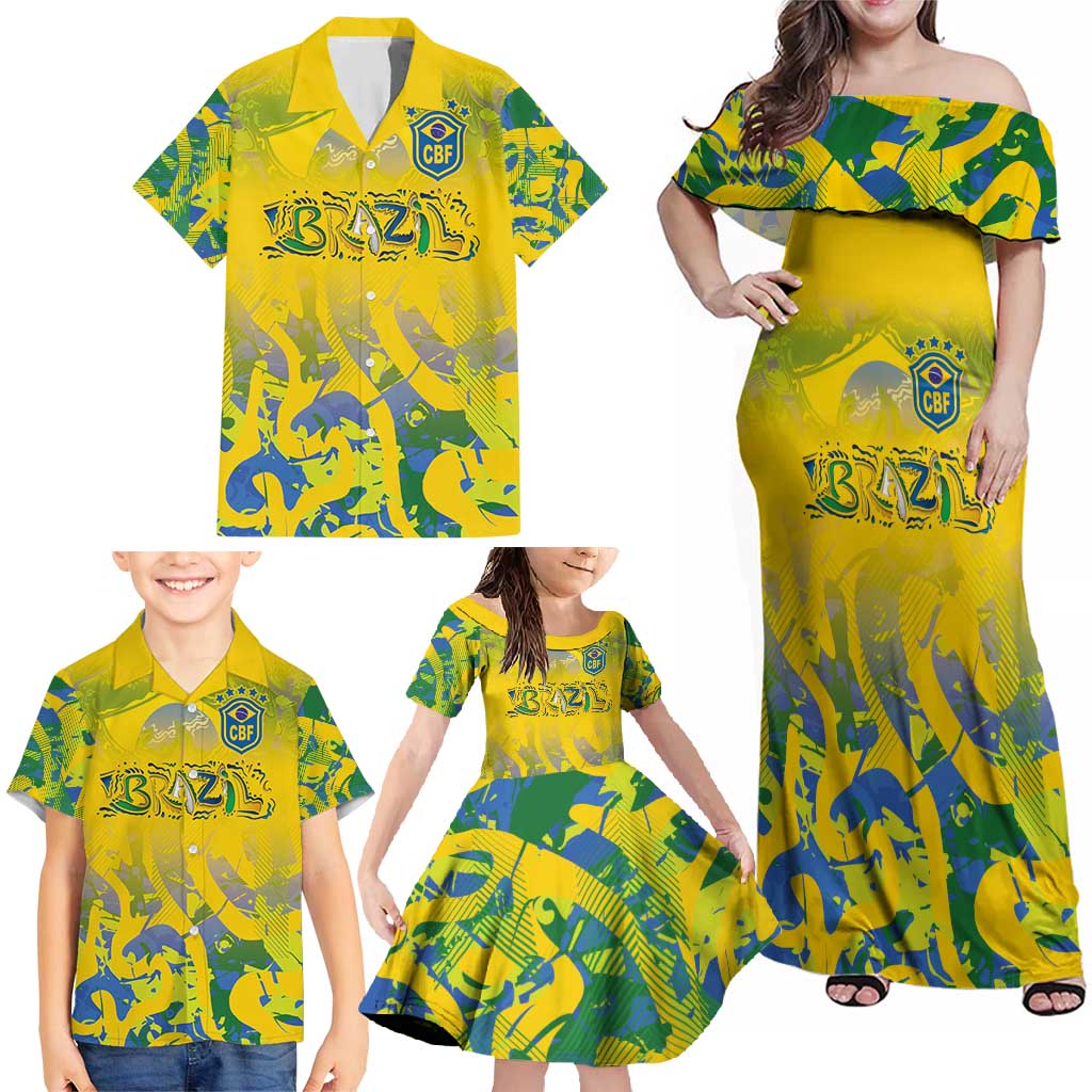 Custom Brazil Football Champion 2024 Family Matching Off Shoulder Maxi Dress and Hawaiian Shirt - Wonder Print Shop