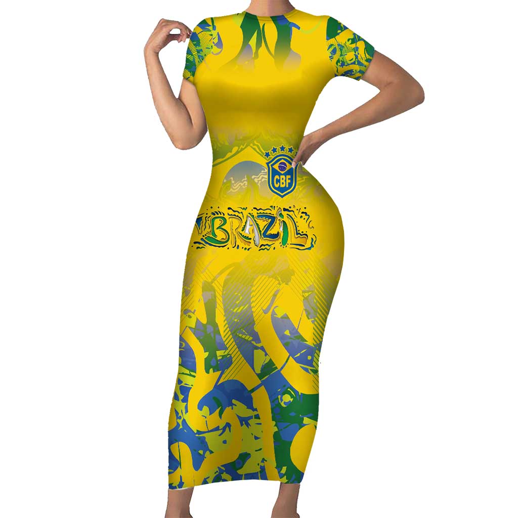 Custom Brazil Football Champion 2024 Short Sleeve Bodycon Dress - Wonder Print Shop