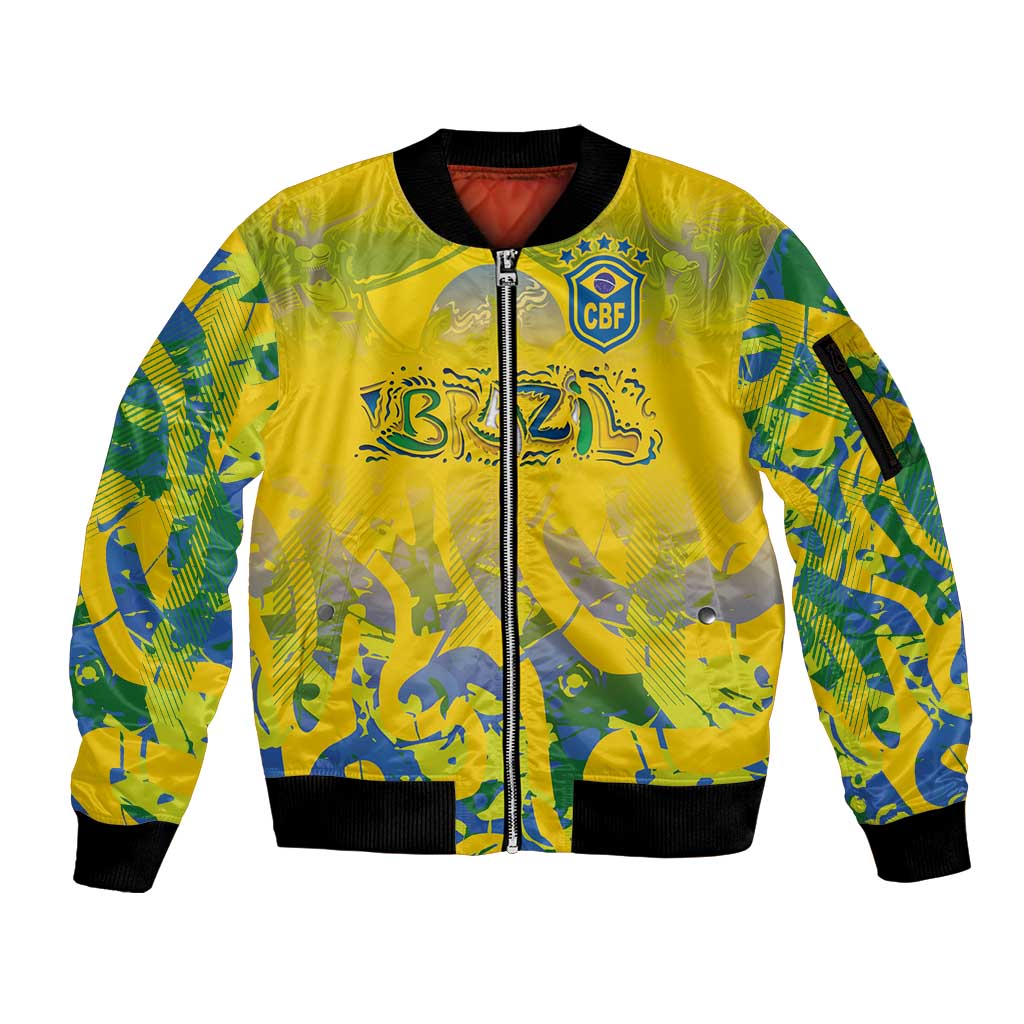 Custom Brazil Football Champion 2024 Sleeve Zip Bomber Jacket - Wonder Print Shop
