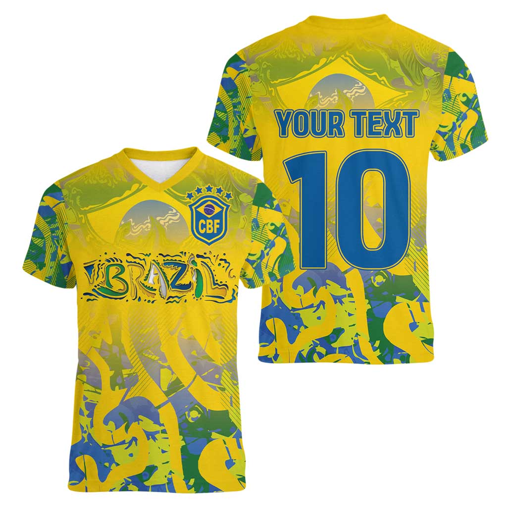 Custom Brazil Football Champion 2024 Women V-Neck T-Shirt - Wonder Print Shop