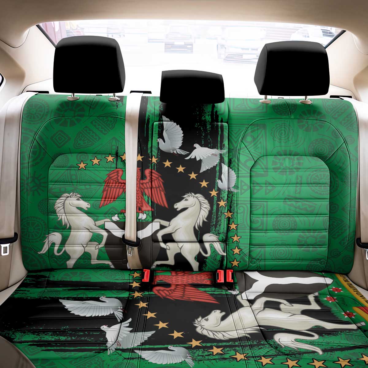 Nigeria Independence Day Back Car Seat Cover National Seal with Peace Dove African Pattern - Wonder Print Shop