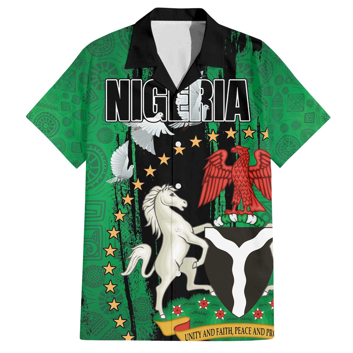 Nigeria Independence Day Family Matching Off The Shoulder Long Sleeve Dress and Hawaiian Shirt National Seal with Peace Dove African Pattern - Wonder Print Shop