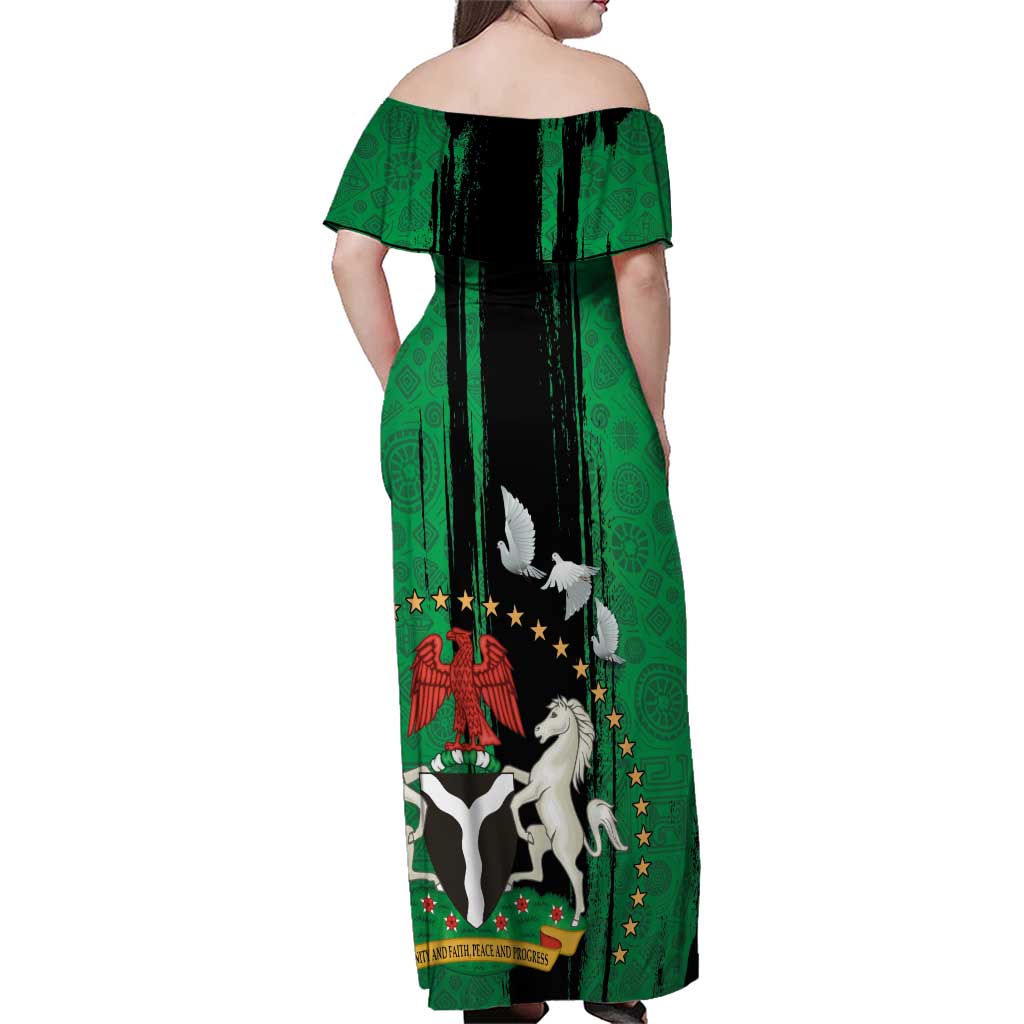 Nigeria Independence Day Family Matching Off Shoulder Maxi Dress and Hawaiian Shirt National Seal with Peace Dove African Pattern - Wonder Print Shop