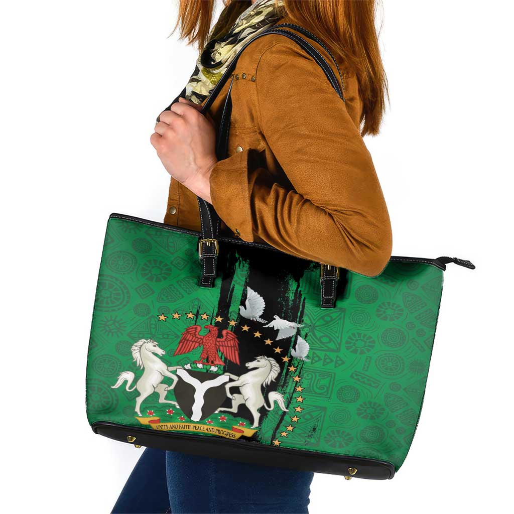 Nigeria Independence Day Leather Tote Bag National Seal with Peace Dove African Pattern - Wonder Print Shop