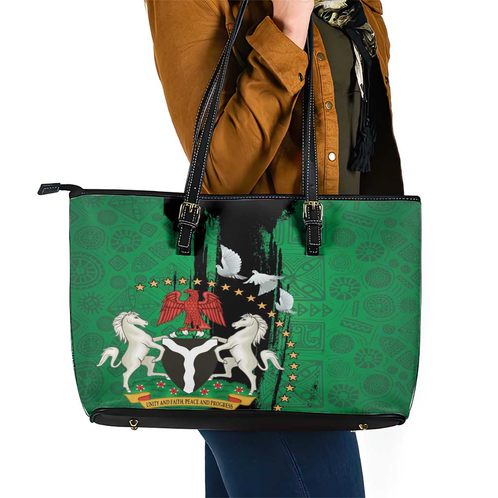 Nigeria Independence Day Leather Tote Bag National Seal with Peace Dove African Pattern - Wonder Print Shop