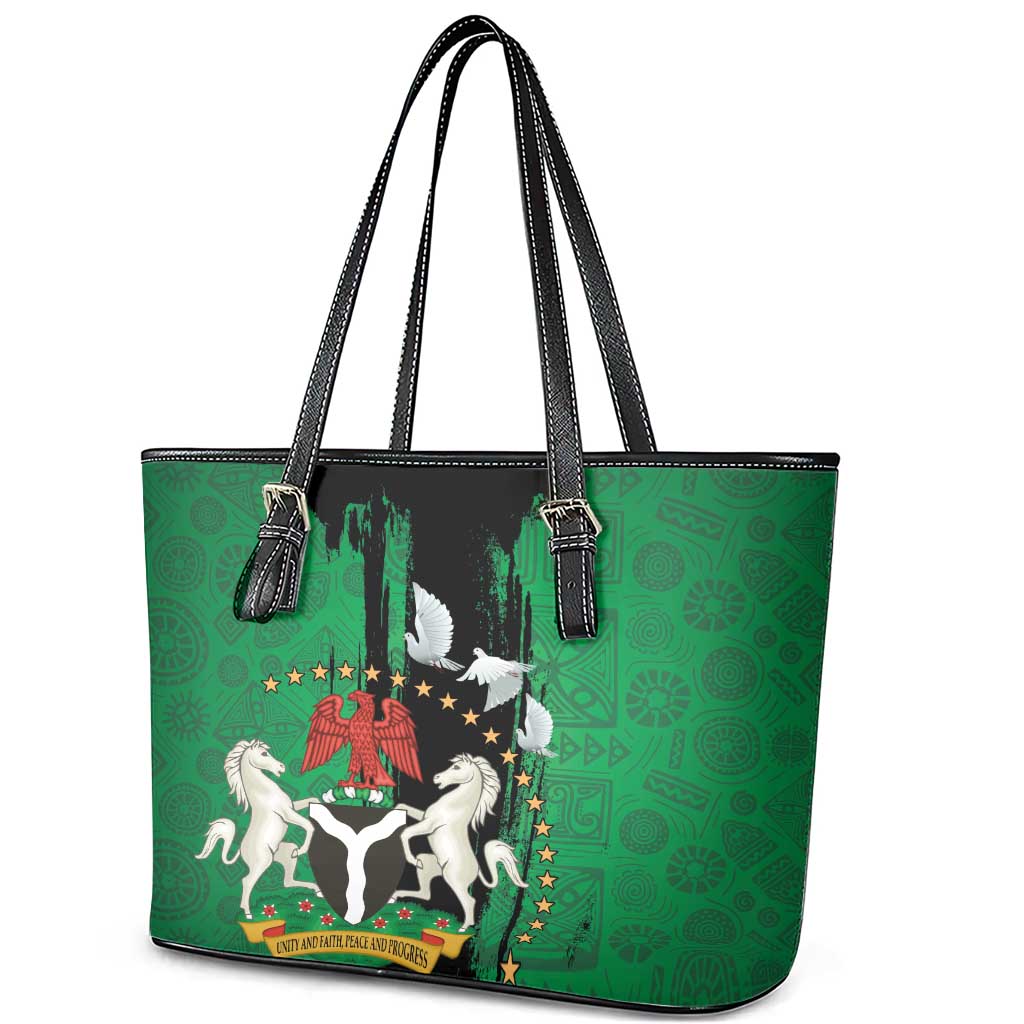 Nigeria Independence Day Leather Tote Bag National Seal with Peace Dove African Pattern - Wonder Print Shop