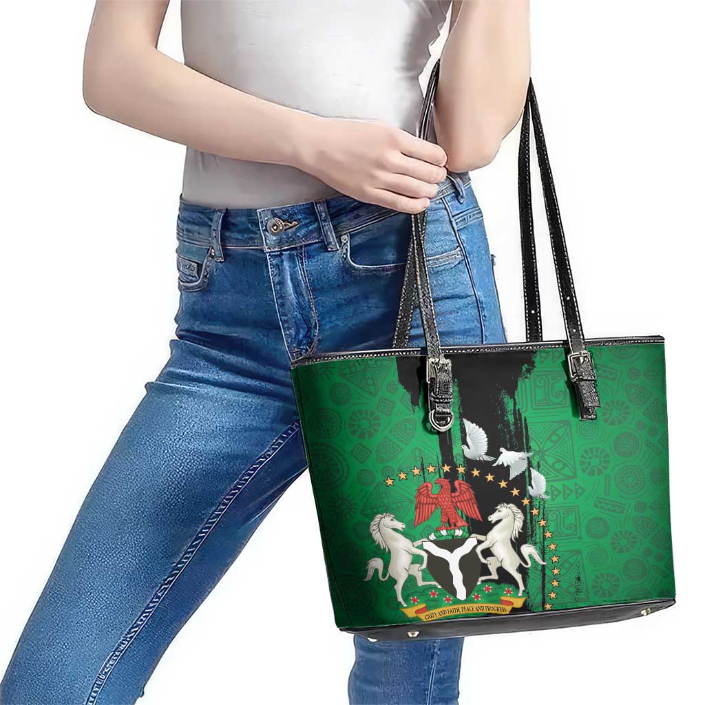 Nigeria Independence Day Leather Tote Bag National Seal with Peace Dove African Pattern - Wonder Print Shop