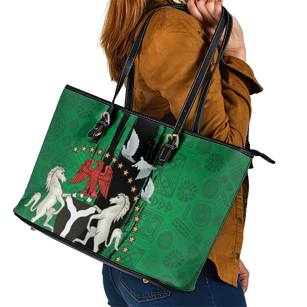Nigeria Independence Day Leather Tote Bag National Seal with Peace Dove African Pattern - Wonder Print Shop