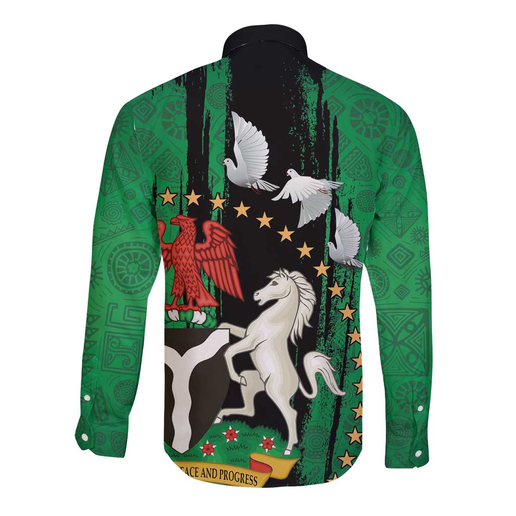 Nigeria Independence Day Long Sleeve Button Shirt National Seal with Peace Dove African Pattern - Wonder Print Shop