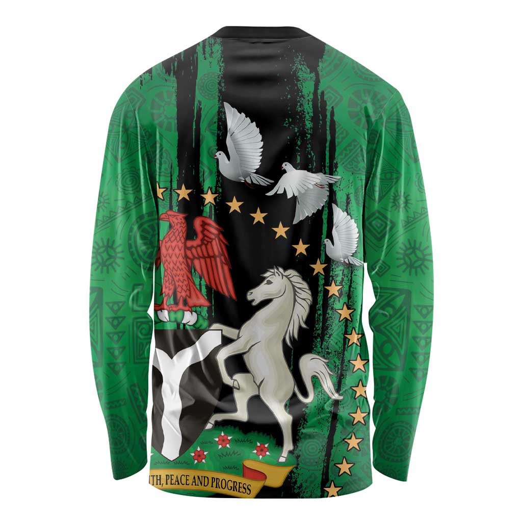 Nigeria Independence Day Long Sleeve Shirt National Seal with Peace Dove African Pattern - Wonder Print Shop