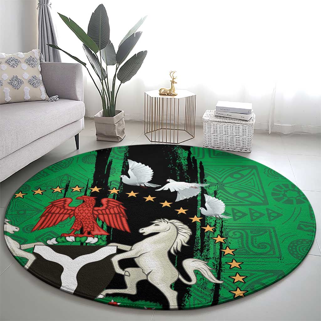 Nigeria Independence Day Round Carpet National Seal with Peace Dove African Pattern