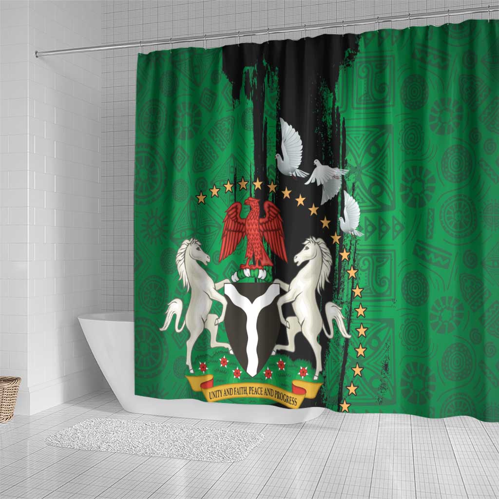 Nigeria Independence Day Shower Curtain National Seal with Peace Dove African Pattern