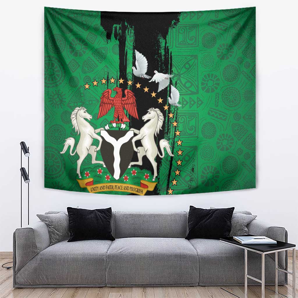 Nigeria Independence Day Tapestry National Seal with Peace Dove African Pattern - Wonder Print Shop