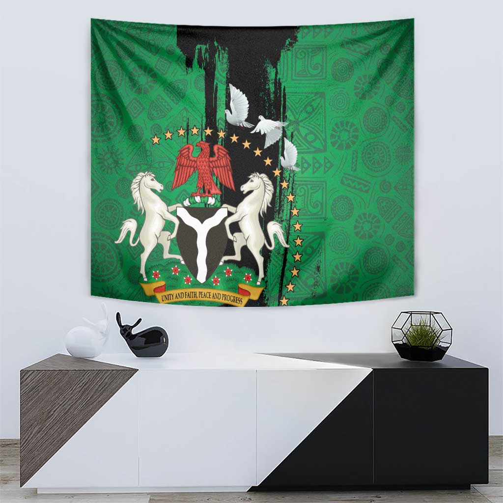 Nigeria Independence Day Tapestry National Seal with Peace Dove African Pattern - Wonder Print Shop