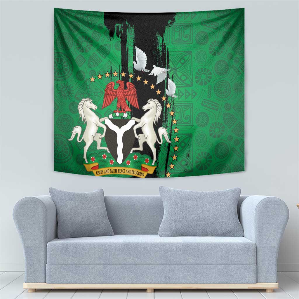 Nigeria Independence Day Tapestry National Seal with Peace Dove African Pattern - Wonder Print Shop