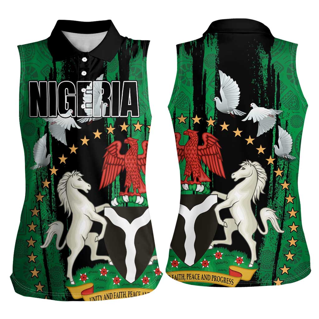 Nigeria Independence Day Women Sleeveless Polo Shirt National Seal with Peace Dove African Pattern - Wonder Print Shop