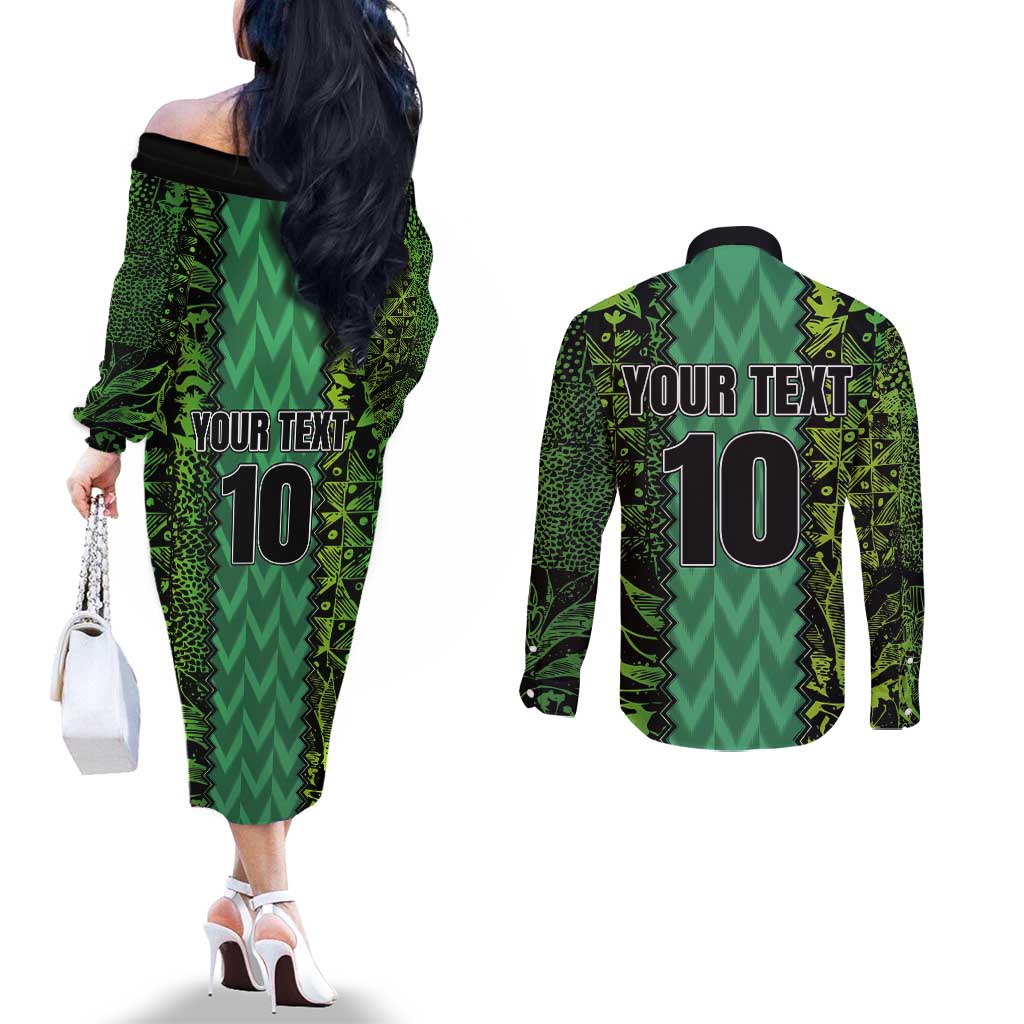 Custom Nigeria Football Champion 2024 Couples Matching Off The Shoulder Long Sleeve Dress and Long Sleeve Button Shirt