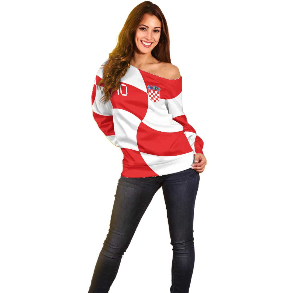 Custom Croatia National Football Off Shoulder Sweater Reds and Whites Checkered - Wonder Print Shop