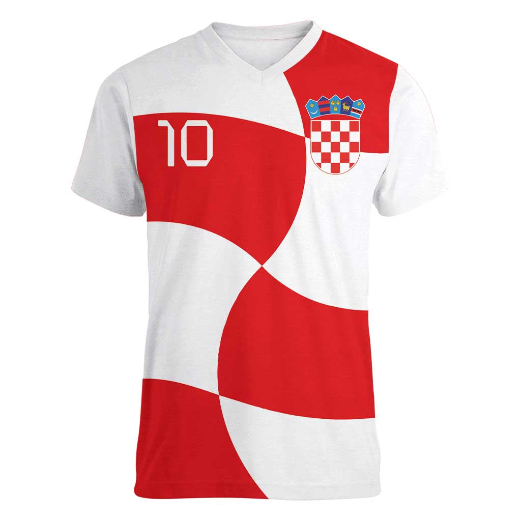 Custom Croatia National Football Women V-Neck T-Shirt Reds and Whites Checkered - Wonder Print Shop