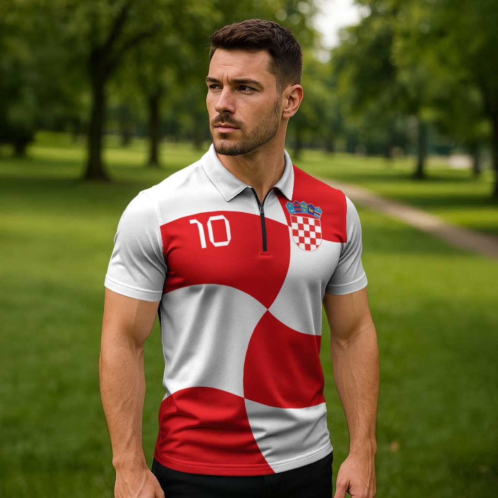 Custom Croatia National Football Zipper Polo Shirt Reds and Whites Checkered - Wonder Print Shop