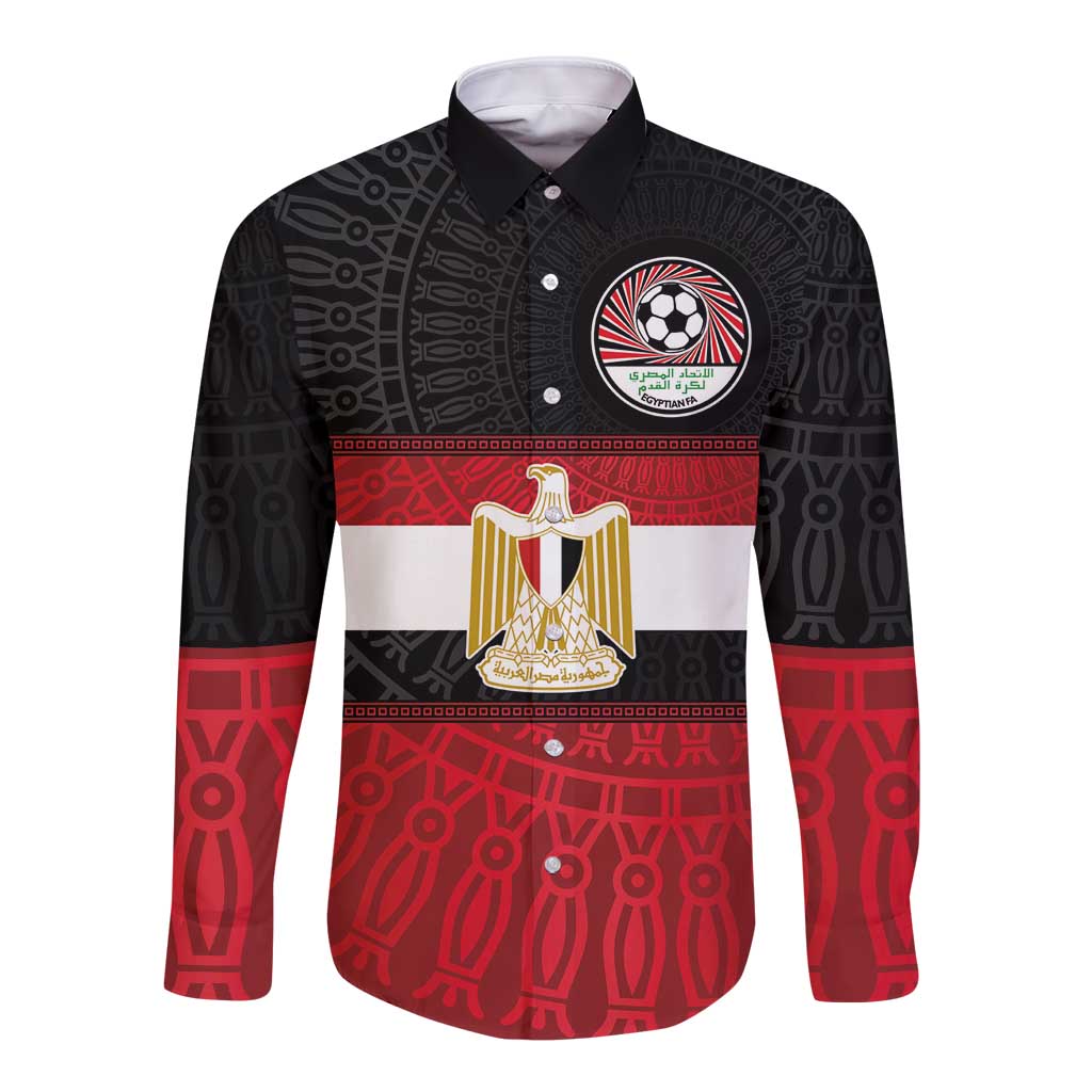 Custom Egypt National Football Long Sleeve Button Shirt Egyptian Geometric and Flag - Wonder Print Shop