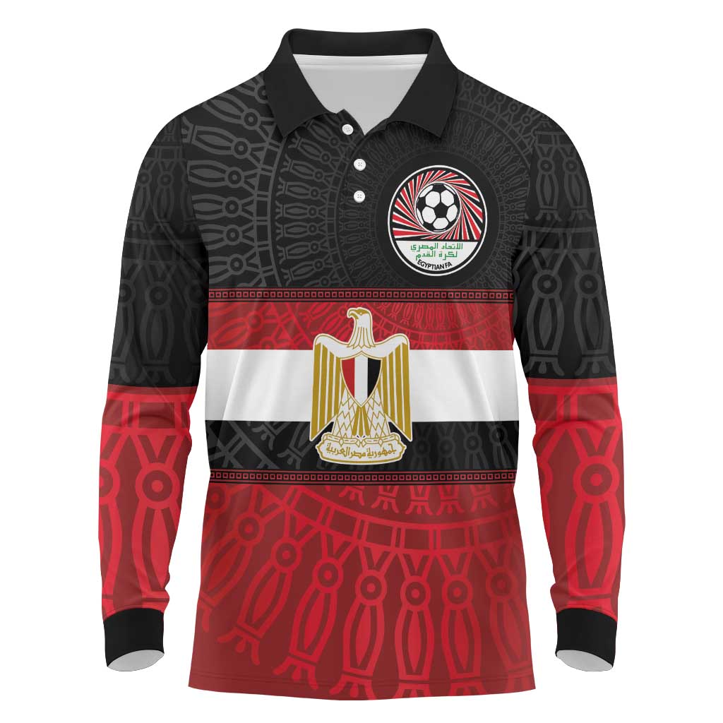 Custom Egypt National Football Long Sleeve Polo Shirt Egyptian Geometric and Flag - Wonder Print Shop
