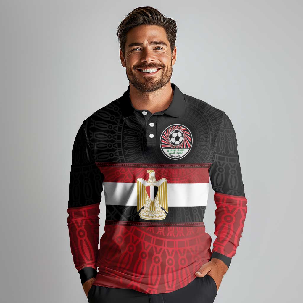 Custom Egypt National Football Long Sleeve Polo Shirt Egyptian Geometric and Flag - Wonder Print Shop