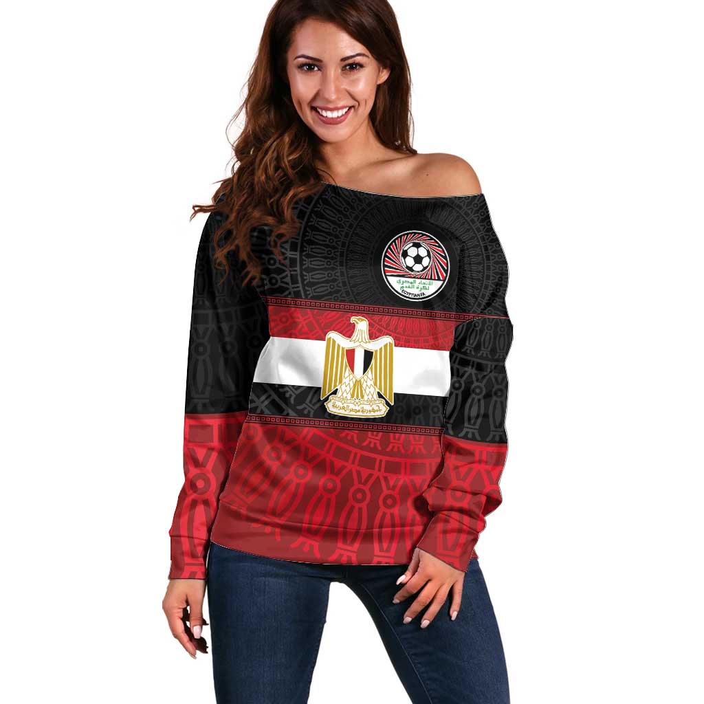 Custom Egypt National Football Off Shoulder Sweater Egyptian Geometric and Flag - Wonder Print Shop