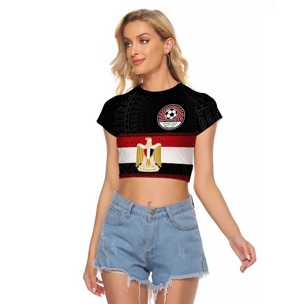 Custom Egypt National Football Raglan Cropped T Shirt Egyptian Geometric and Flag - Wonder Print Shop